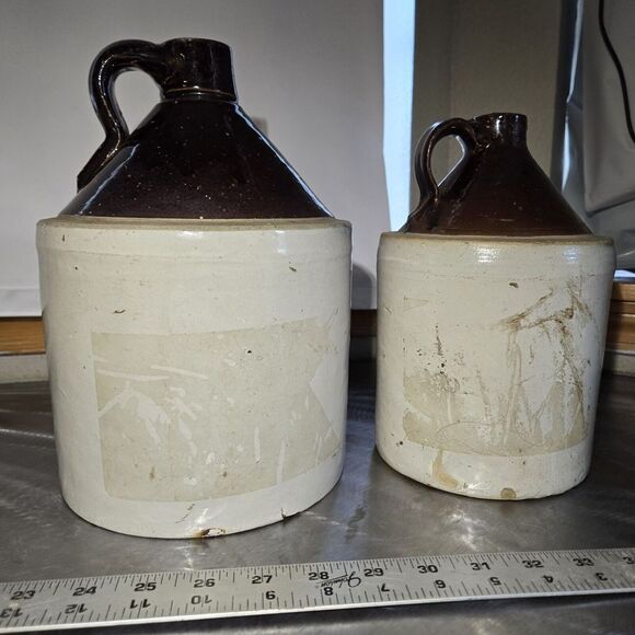 2 Antique Primitive Stoneware Pottery Crock Jug / Whiskey Moon shine - Picture 3 of 9
